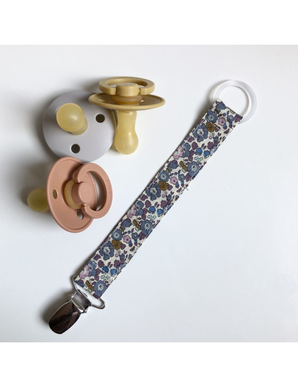 Pacifier Clip made with Liberty Fabrics, blue/grey/yellow