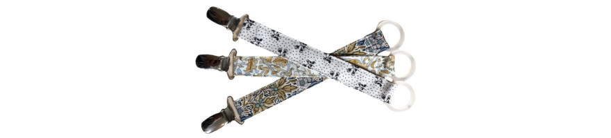 Shop pacifier clips with Liberty fabric and embroidered ribbons here